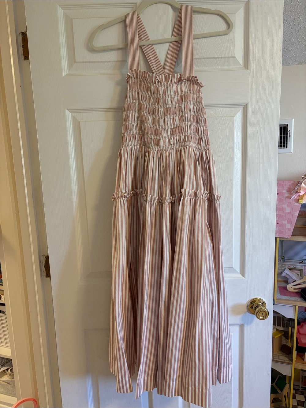 En Saison Pink Striped Smocked Midi Sundress